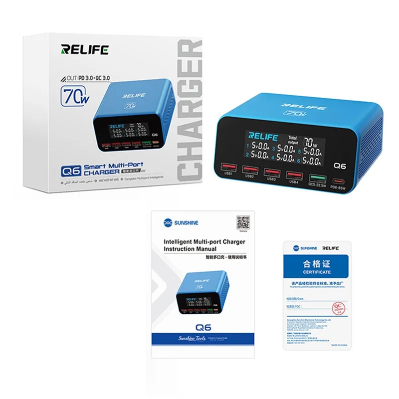 RELIFE Q6 70W Cargador Inteligente de 6 Puertos PD+QC 65W Tipo-C Carga Rápida - Enchufe EE. UU.