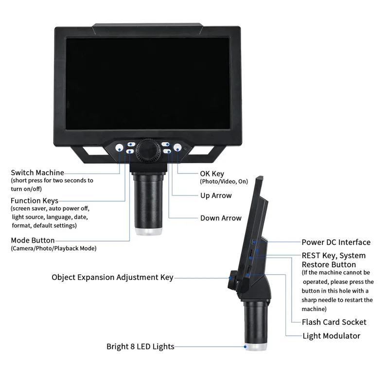 G1600 9 Inch LCD Industrial Electronic Microscope 1-1600x Adjustable Focus with LED Lights, Plug-in Version - UK Plug