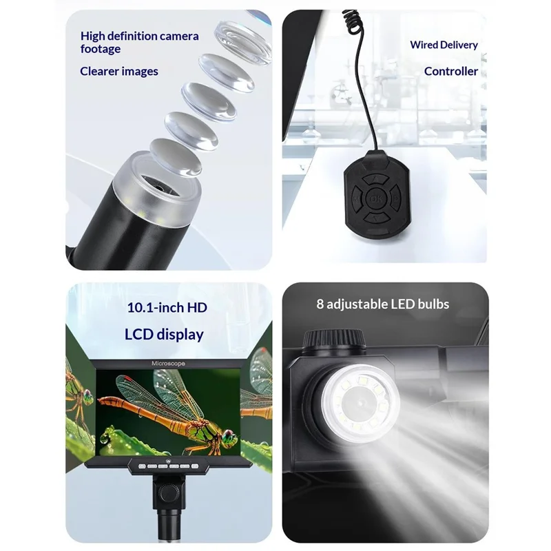 G2000 10.1 Inch Digital Microscope 1-2000x HD LCD Display Long Focal Length, Plug-in Version - EU Plug