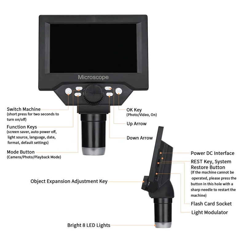 G5 5.5 inch HD Digital Microscope 10MP 1-1000x Magnification 8 LED Lights with Built-In Lithium Battery - Black