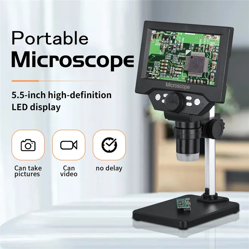 G5 5.5 inch HD Digital Microscope 10MP 1-1000x Magnification 8 LED Lights with Built-In Lithium Battery - Black
