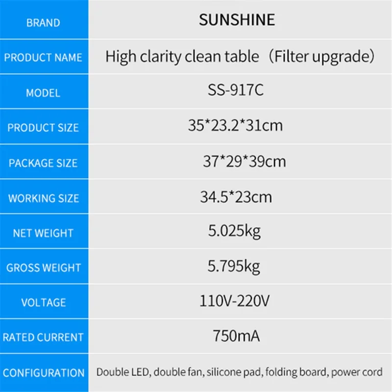 SUNSHINE SS-917C High Precision Dust Free Workbench Adjustable Wind with Dust Checking