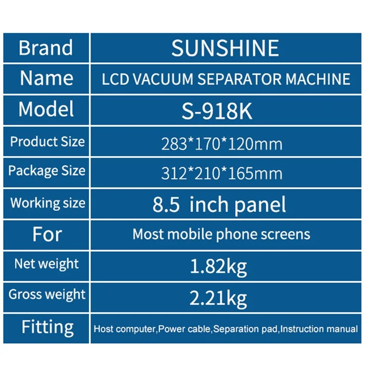 Sunshine S-918K 8,5-дюймовый 110 В / 220В ЖК-дисплей Для Вакуума Для Вакуумных Сепараторов Мобильный Телефон Дисплей Стекла Удаление ЖК-экрана Ремонт Сепаратора