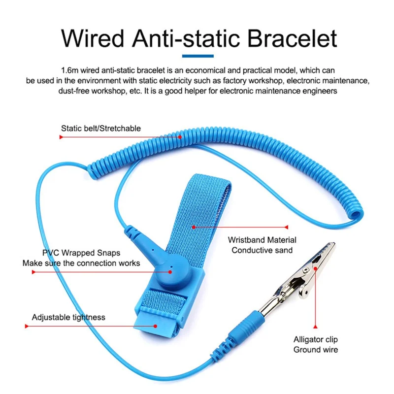 SUNSHINE 1.6m Wired Adjustable Anti-Static Bracelet Stretchable Wrist Band with Ground Wire for Electronics Repair