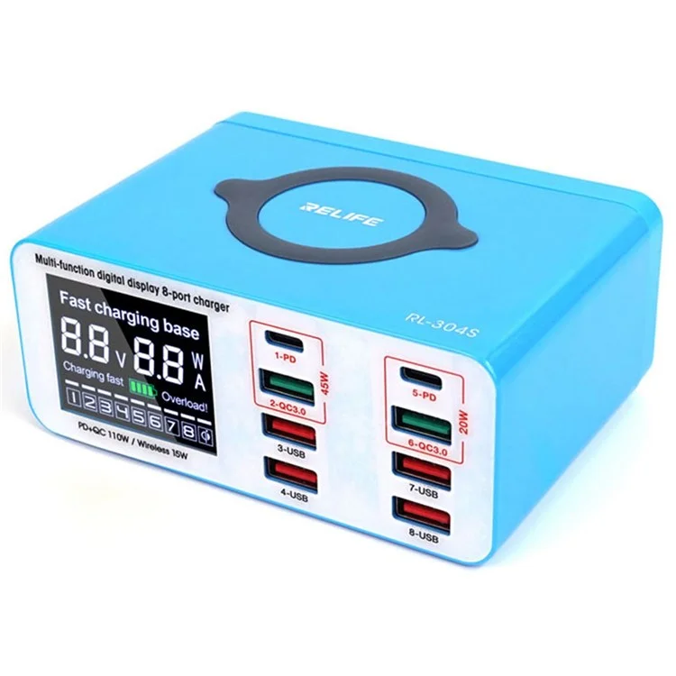 RELIFE RL-304S Estación de carga inalámbrica con 2 puertos PD + 2 puertos QC3.0 + 4 puertos USB, centro de carga para teléfono y tableta, pantalla digital - Enchufe EU
