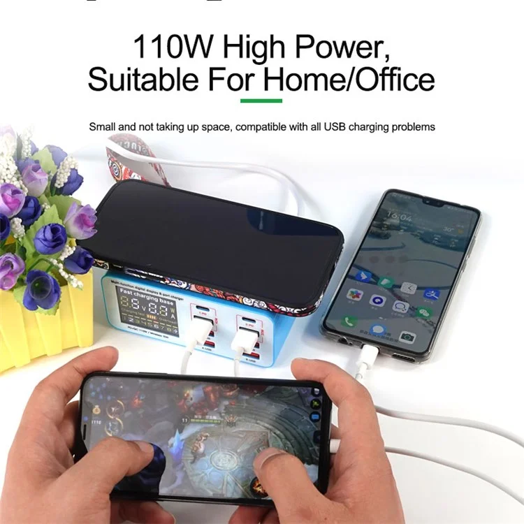 RELIFE RL-304S Estación de carga inalámbrica con 2 puertos PD + 2 puertos QC3.0 + 4 puertos USB, centro de carga para teléfono y tableta, pantalla digital - Enchufe EU