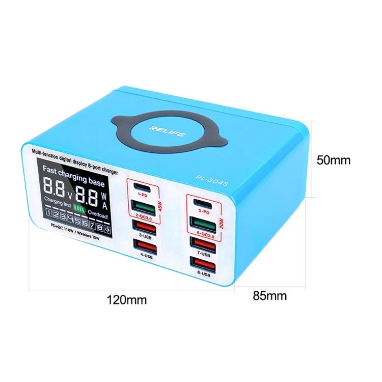 RELIFE RL-304S Estación de carga inalámbrica con 2 puertos PD + 2 puertos QC3.0 + 4 puertos USB, centro de carga para teléfono y tableta, pantalla digital - Enchufe EU