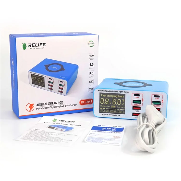 RELIFE RL-304S Estación de carga inalámbrica con 2 puertos PD + 2 puertos QC3.0 + 4 puertos USB, centro de carga para teléfono y tableta, pantalla digital - Enchufe EU