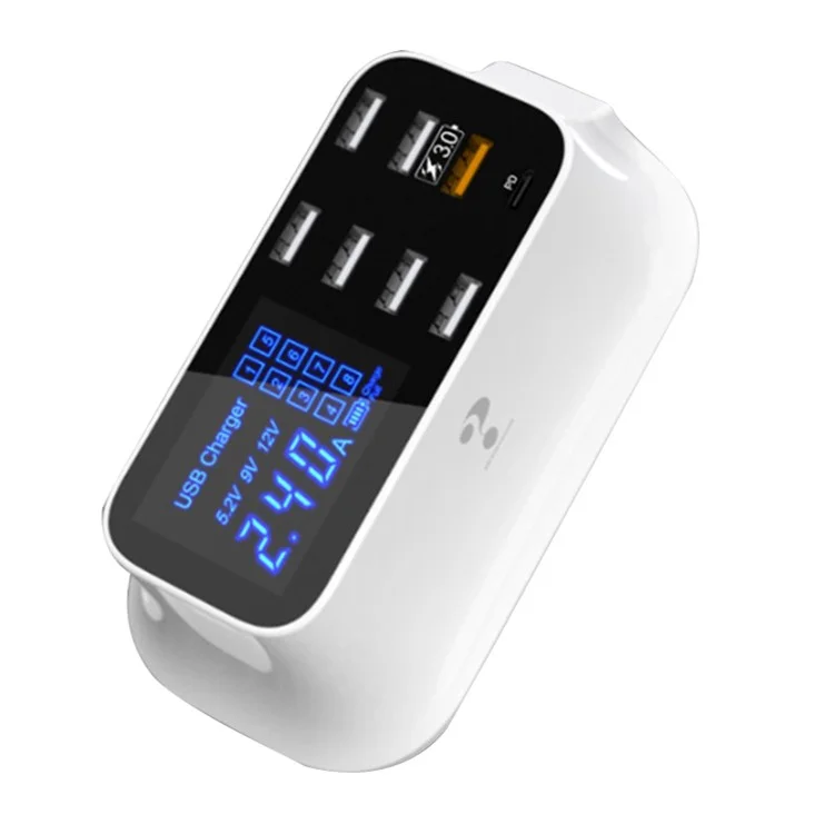 YC-CDA19Q 75W 8-Port USB Fast Charger Desktop Multifunction Charging Station with Screen Display - EU Plug