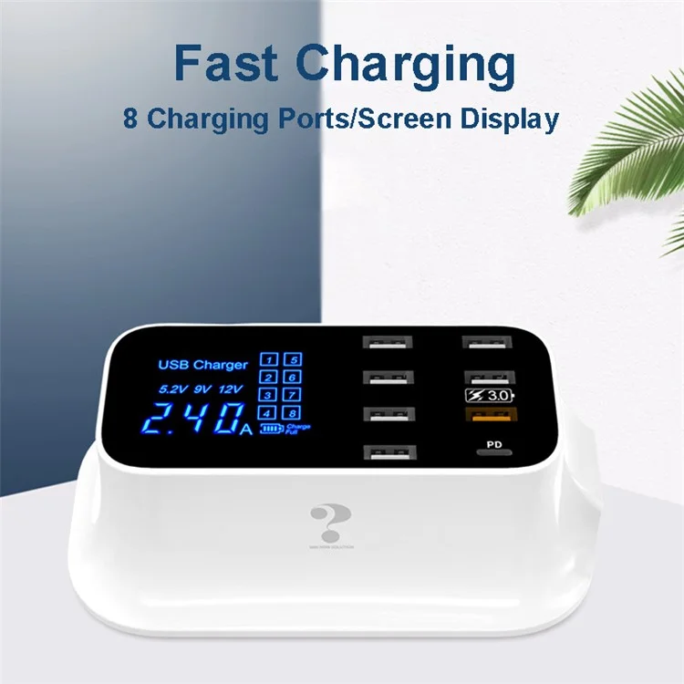 YC-CDA19Q 75W 8-Port USB Fast Charger Desktop Multifunction Charging Station with Screen Display - EU Plug