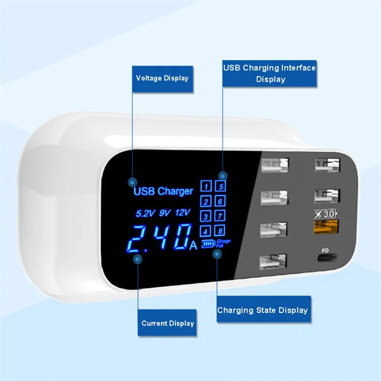 Chargeur rapide multiport de bureau YC-CDA19Q 75W 8 ports avec écran d'affichage - Prise UE