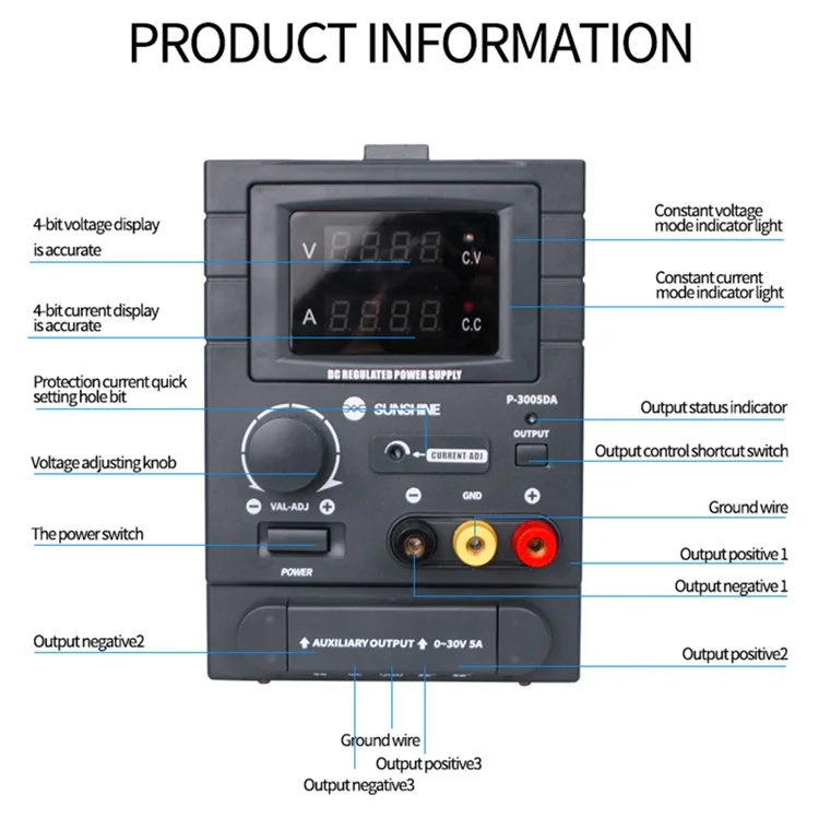 Sunshine P-3005DA 30V 5A 4 Pantalla Digital Fuente de Alimentación Regulada DC Reparación de Teléfonos Móviles Fuente de Energía Inteligente - Enchufe de la ue