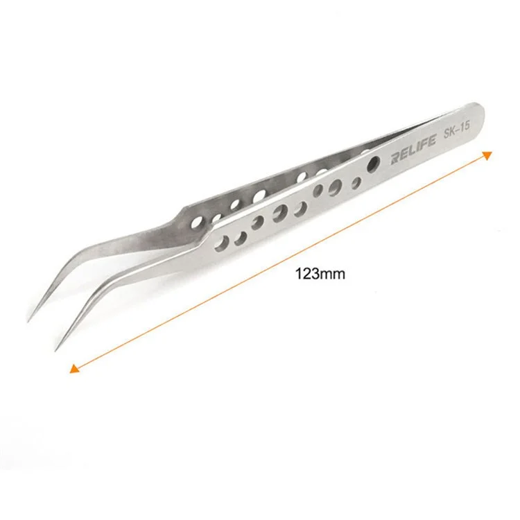 RELIFE SK-15 Curved Tip Tweezers with Holes Stainless Steel Anti-magnetic Tweezers Precision Repairing Tool