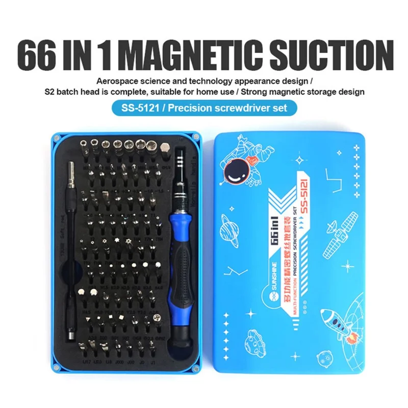SUNSHINE SS-5121 66-in-1 Präzisions-Schraubendrehersatz mit 64 Bits, magnetisches Fahrerzubehör-Set, professionelles Elektronikreparatur-Werkzeug