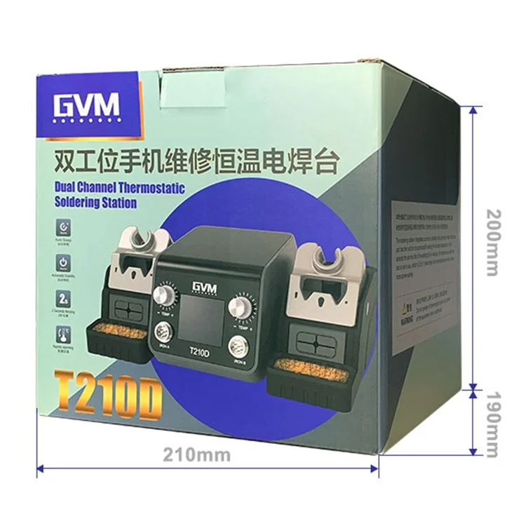 Estación de soldadura doble GVM T210D con sensor inteligente, sueño, pantalla térmica digital y estación de soldadura Nano 110V / 220V - Enchufe del Reino Unido
