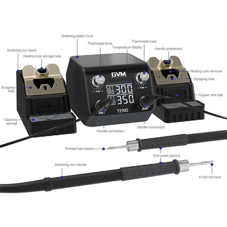 Estación de soldadura doble GVM T210D con sensor inteligente, sueño, pantalla térmica digital y estación de soldadura Nano 110V / 220V - Enchufe del Reino Unido