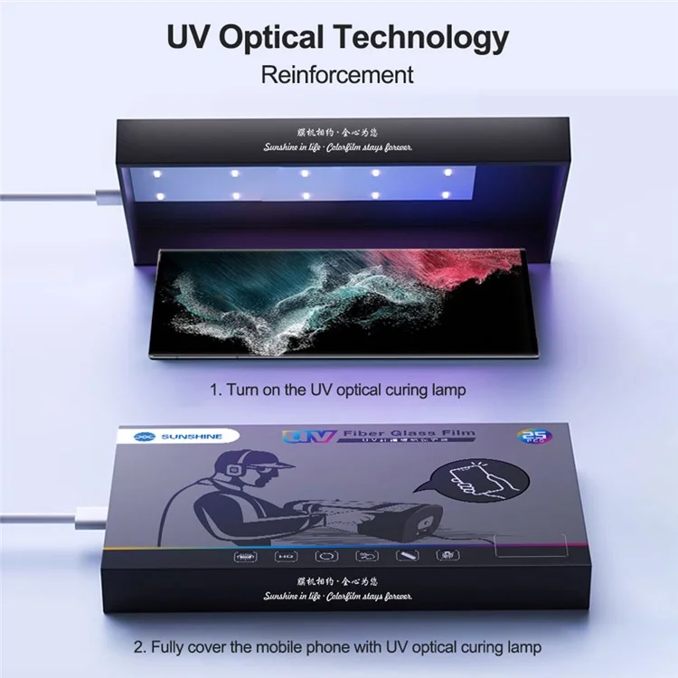 SUNSHINE SS-U300 25 Stück UV-Glasfaser-Bildschirmschutz PET-Folie mit UV-Aushärtungslampe (funktioniert mit SUNSHINE SS-890)