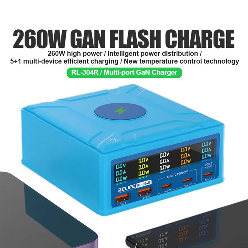 RELIFE RL-304R 260W GAN Charger Multi-Port Flash Charger 15W Wireless Charger with Touch LCD Display - UK Plug