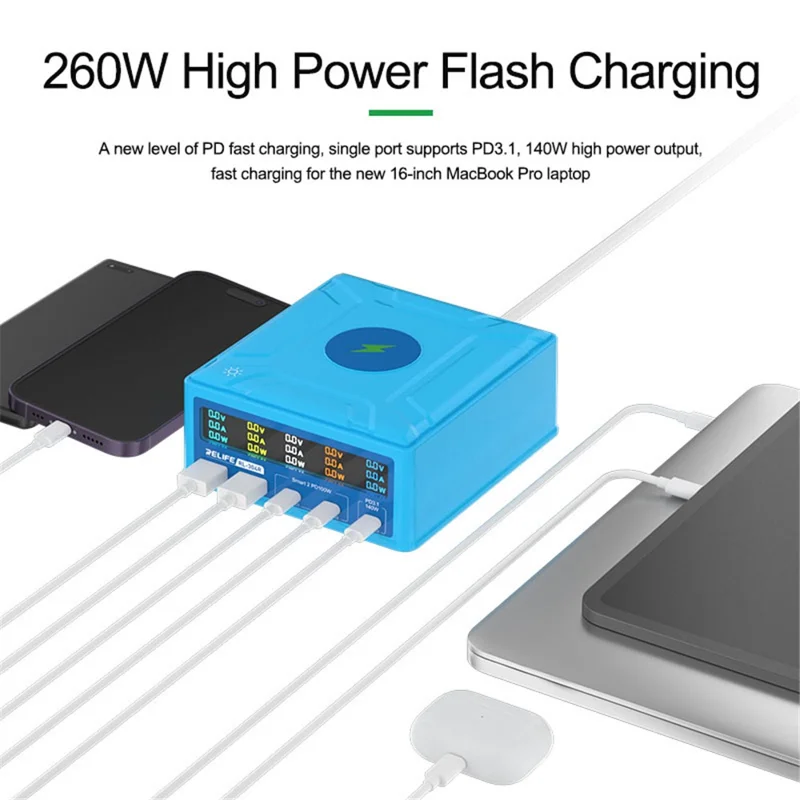 RELIFE RL-304R 260W GAN Charger Multi-Port Flash Charger 15W Wireless Charger with Touch LCD Display - UK Plug