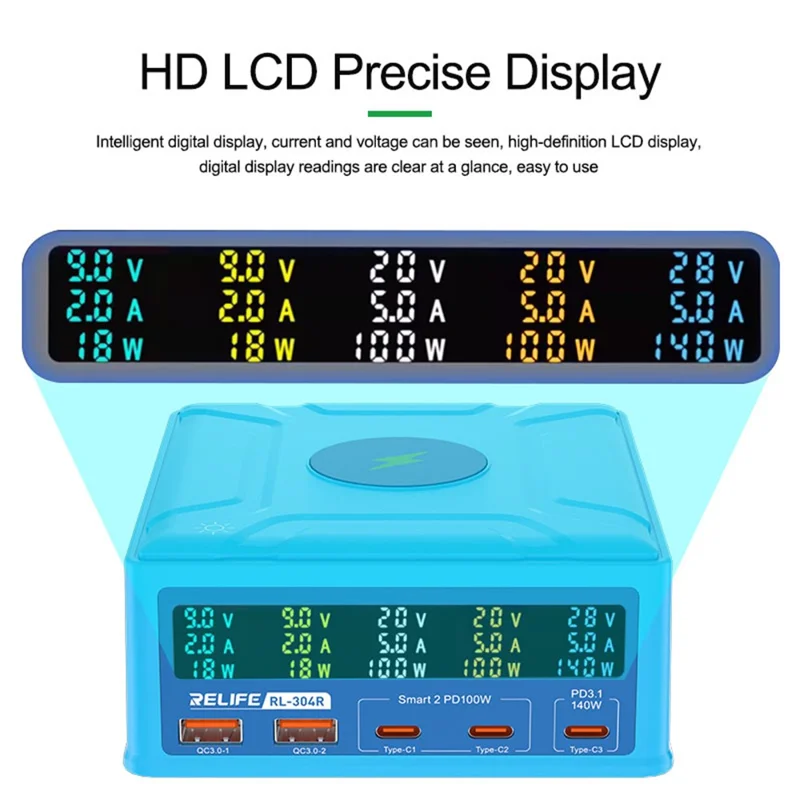 RELIFE RL-304R 260W GAN Charger Multi-Port Flash Charger 15W Wireless Charger with Touch LCD Display - UK Plug