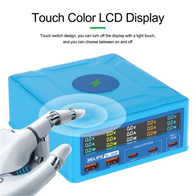 RELIFE RL-304R 260W GAN Charger Multi-Port Flash Charger 15W Wireless Charger with Touch LCD Display - UK Plug