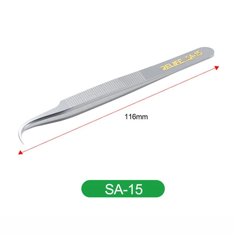 RELIFE SA-15 Anti-skid Stainless Steel Curved Tip Tweezers Electronic Device Precision Repair Tool