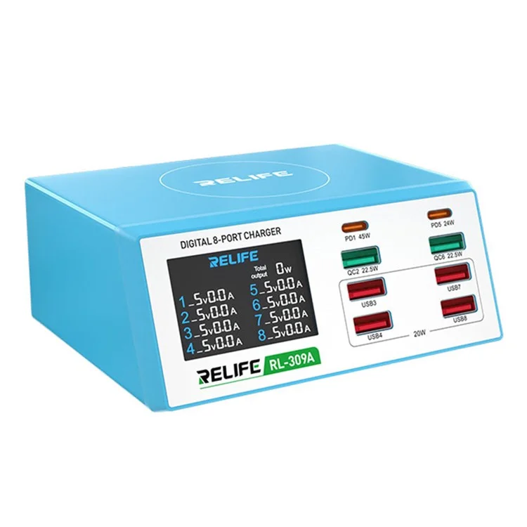 RELIFE RL-309A 8-Port High-Power Fast Charging Station LCD Display Desktop Charger for Cell Phone, Tablets, Laptops - US Plug