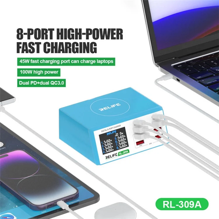 RELIFE RL-309A 8-Port High-Power Fast Charging Station LCD Display Desktop Charger for Cell Phone, Tablets, Laptops - US Plug