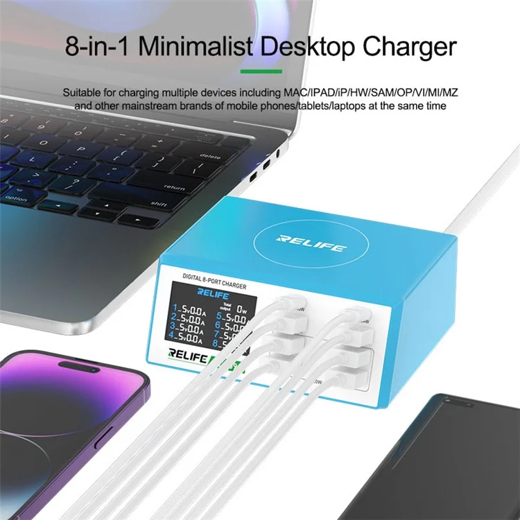 RELIFE RL-309A 8-Port High-Power Fast Charging Station LCD Display Desktop Charger for Cell Phone, Tablets, Laptops - US Plug