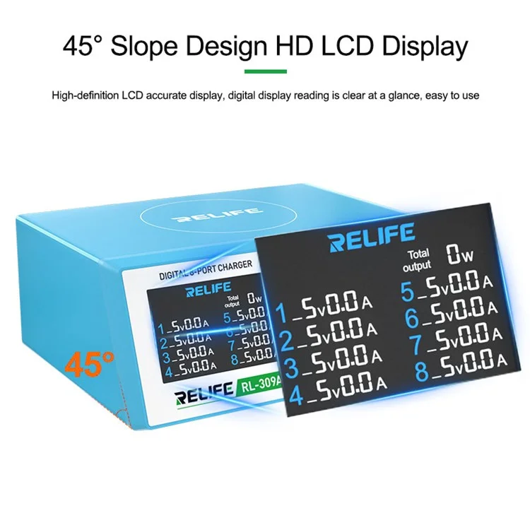 RELIFE RL-309A 8-Port High-Power Fast Charging Station LCD Display Desktop Charger for Cell Phone, Tablets, Laptops - US Plug