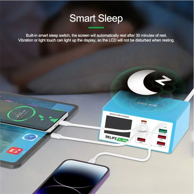 RELIFE RL-309A 8-Port High-Power Fast Charging Station LCD Display Desktop Charger for Cell Phone, Tablets, Laptops - US Plug