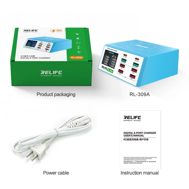 RELIFE RL-309A 8-Port High-Power Fast Charging Station LCD Display Desktop Charger for Cell Phone, Tablets, Laptops - EU Plug