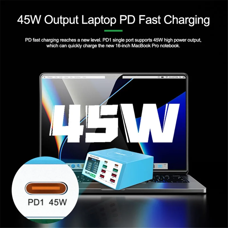 RELIFE RL-309A 8-Port High-Power Fast Charging Station LCD Display Desktop Charger for Cell Phone, Tablets, Laptops - EU Plug