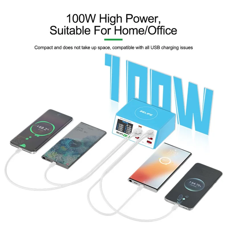 RELIFE RL-309A 8-Port High-Power Fast Charging Station LCD Display Desktop Charger for Cell Phone, Tablets, Laptops - EU Plug