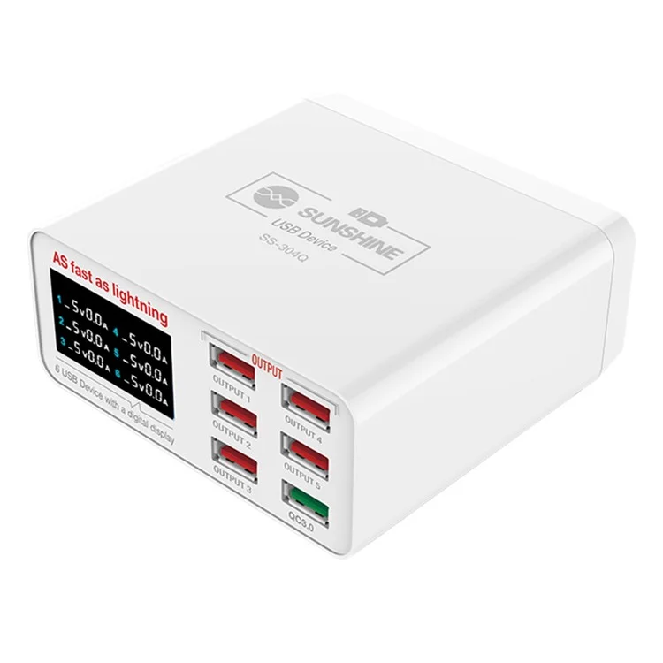 Carregador USB SUNSHINE SSS-304Q de 6 Portas com Carregamento Rápido e Suporte para Inteligência QC 3.0