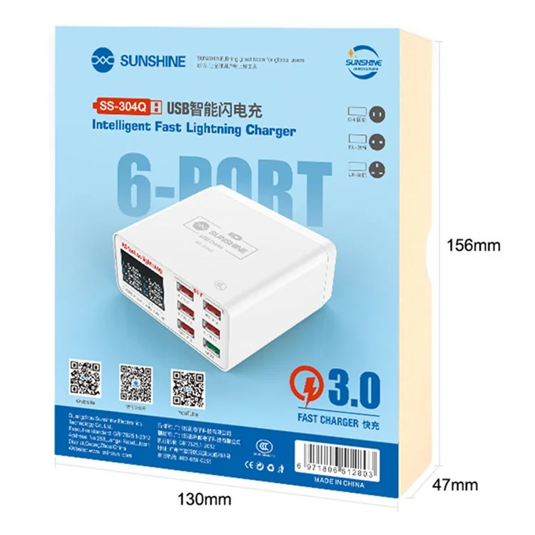 Carregador USB SUNSHINE SSS-304Q de 6 Portas com Carregamento Rápido e Suporte para Inteligência QC 3.0