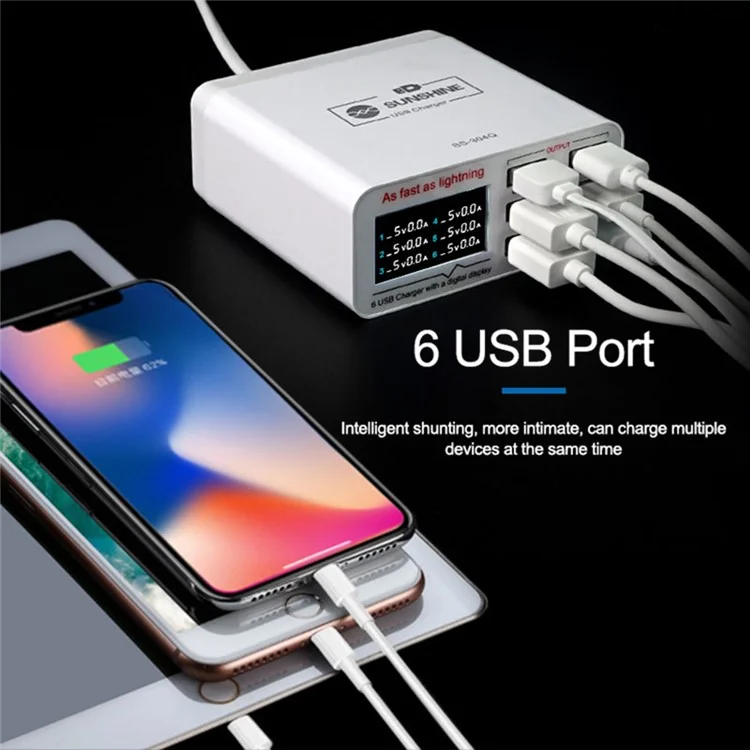 Carregador USB SUNSHINE SSS-304Q de 6 Portas com Carregamento Rápido e Suporte para Inteligência QC 3.0