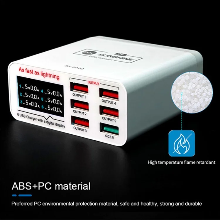 Carregador USB SUNSHINE SSS-304Q de 6 Portas com Carregamento Rápido e Suporte para Inteligência QC 3.0
