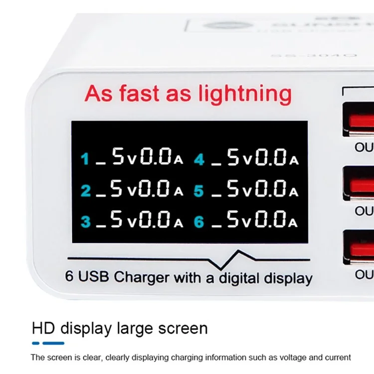 Carregador USB SUNSHINE SSS-304Q de 6 Portas com Carregamento Rápido e Suporte para Inteligência QC 3.0