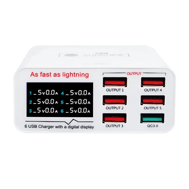 Carregador USB SUNSHINE SSS-304Q de 6 Portas com Carregamento Rápido e Suporte para Inteligência QC 3.0