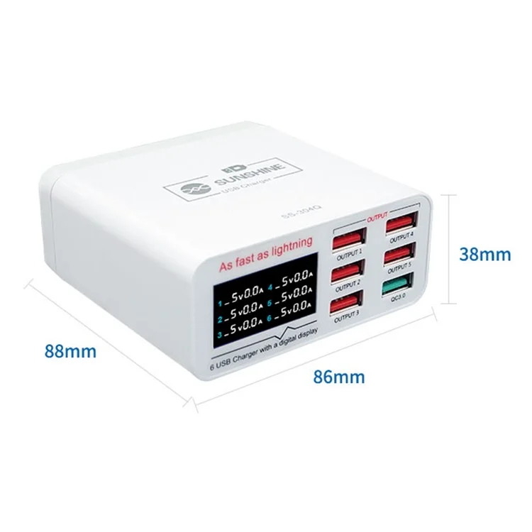 Carregador USB SUNSHINE SSS-304Q de 6 Portas com Carregamento Rápido e Suporte para Inteligência QC 3.0
