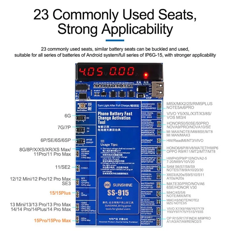SUNSHINE SS-915 V9.0 Battery Quick Charging Activation Board Universal Phone Repair Battery Activation Plate Test Fixture for Apple  /  Android