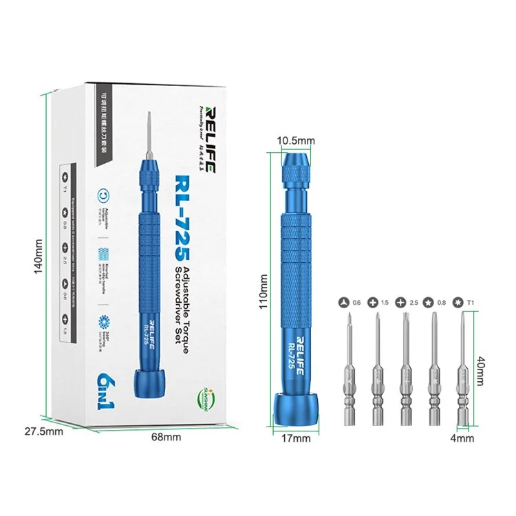 RELIFE RL-725 destornillador ajustable de 6 en 1 para teléfonos y tabletas, herramienta de alta precisión