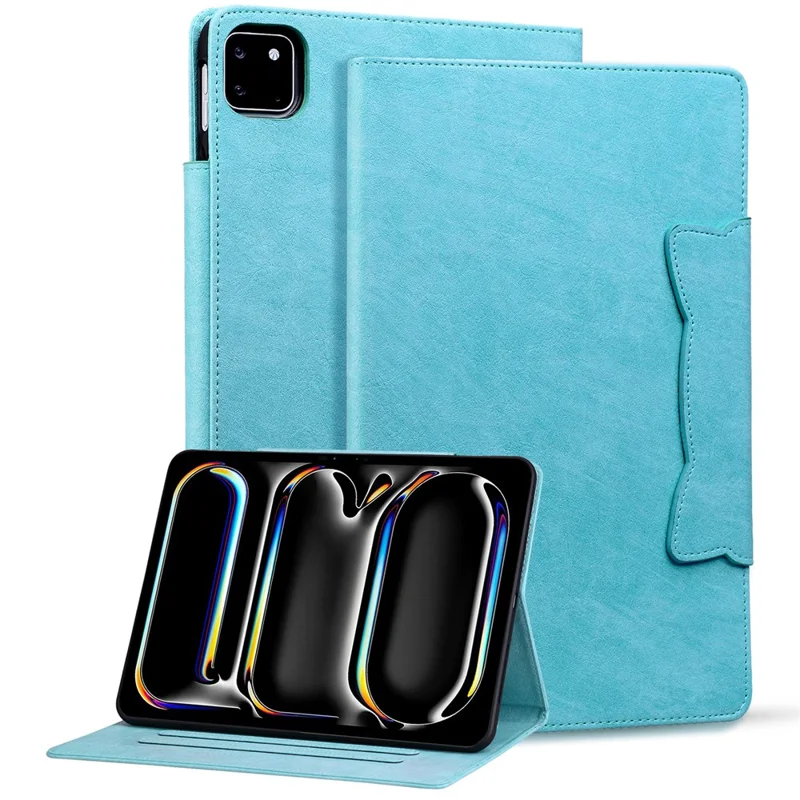 For iPad Pro 13 (2025) / 13 (2024) Case PU Leather Card Slots Tablet Cover Cat-Shaped Magnetic Clasp - Sky Blue