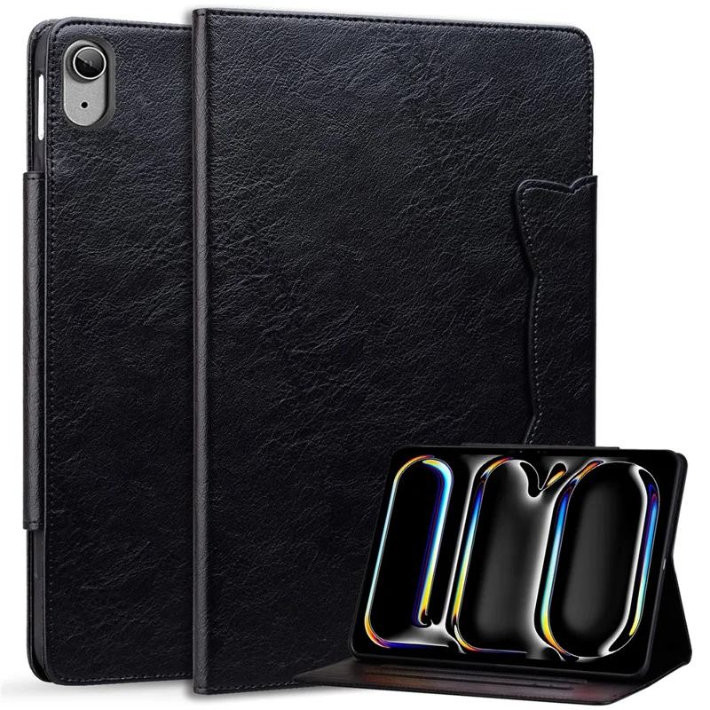 For iPad (2025) / 10.9 (2022) Case Leather Business Folio Tablet Cover Cute Cat-Shaped Magnetic Clasp - Black