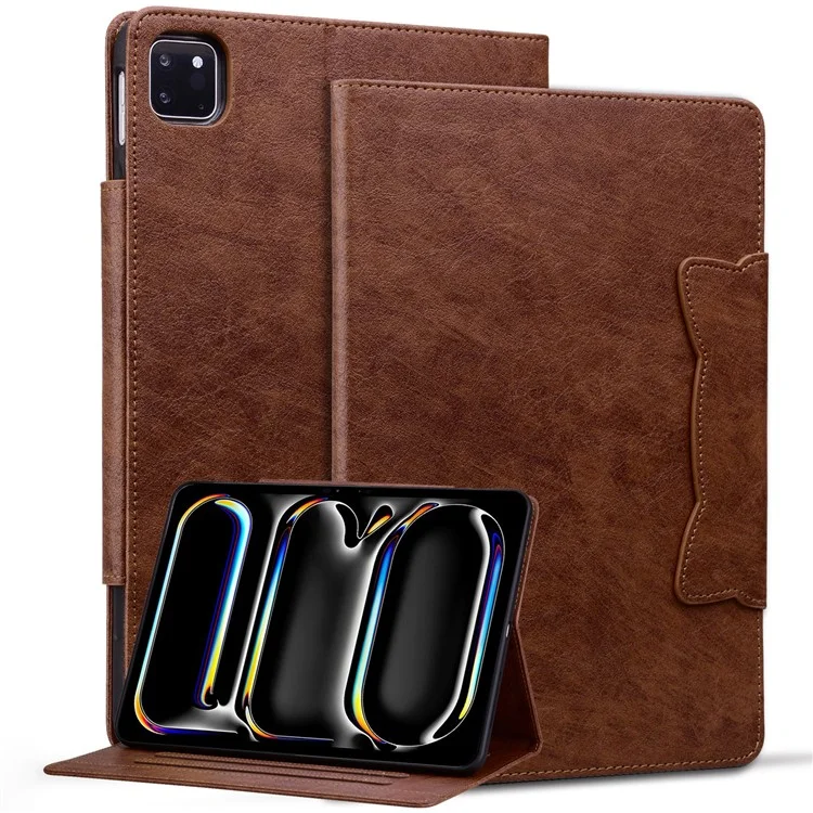 For iPad Pro 11 (2024) Case PU Leather Folio Stand Tablet Cover Cat-Shaped Magnetic Clasp - Brown