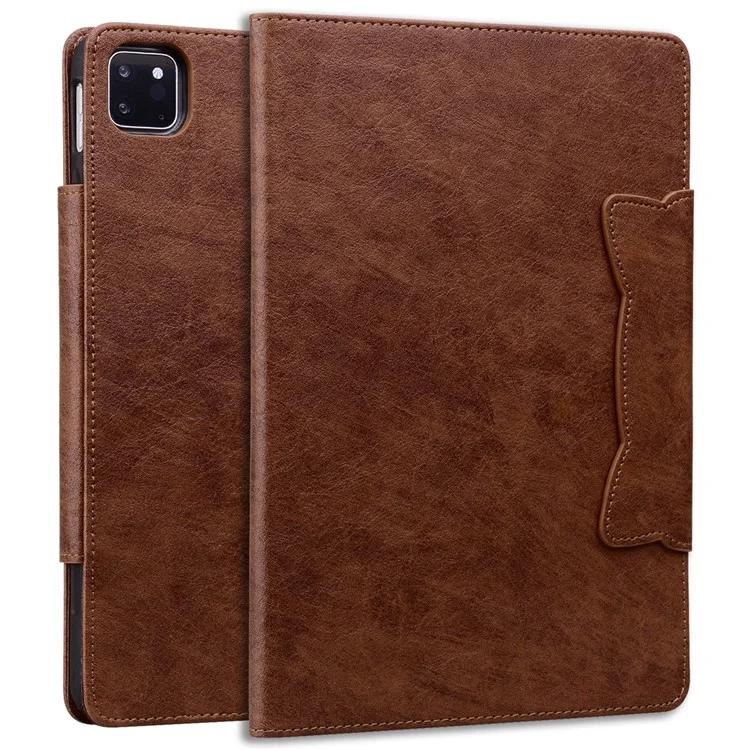 For iPad Pro 11 (2024) Case PU Leather Folio Stand Tablet Cover Cat-Shaped Magnetic Clasp - Brown