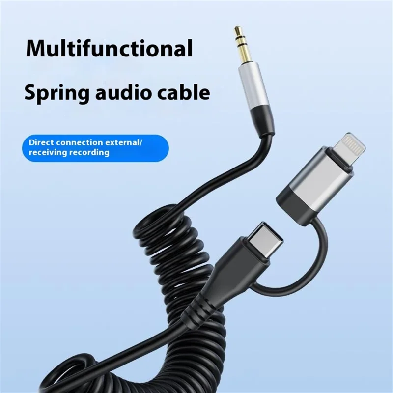 Type-C / 8-Pin Male to 3.5mm Male Spring Audio Cable Wireless Microphone Speaker Connection Cable - Silver