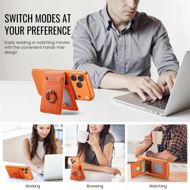 MAGKING K1 Funda para Teléfono Móvil con Anillo Integrado, Soporte Plegable, Soporte Magnético para Tarjetas y Bloqueo RFID - Naranja