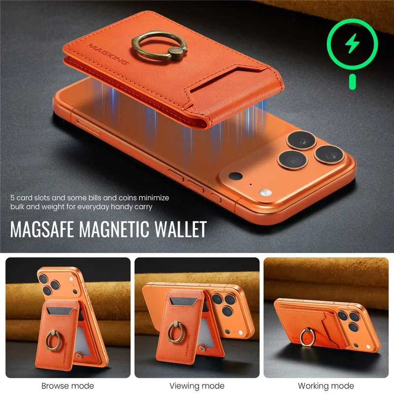 MAGKING K1 Funda para Teléfono Móvil con Anillo Integrado, Soporte Plegable, Soporte Magnético para Tarjetas y Bloqueo RFID - Naranja